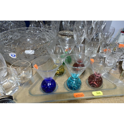 366 - A GROUP OF CLEAR AND COLOURED GLASSWARE, including a 'Marquis by Waterford' vase, Made in Germany, h... 