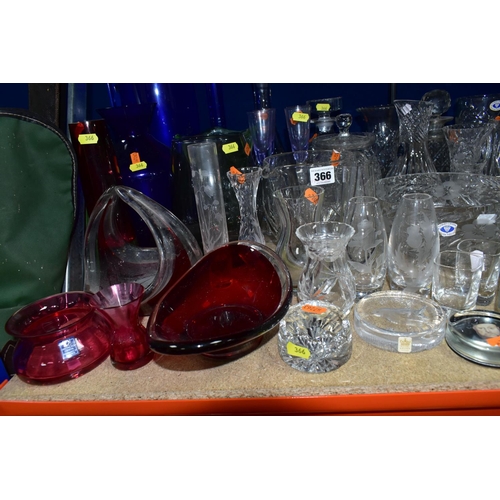 366 - A GROUP OF CLEAR AND COLOURED GLASSWARE, including a 'Marquis by Waterford' vase, Made in Germany, h... 