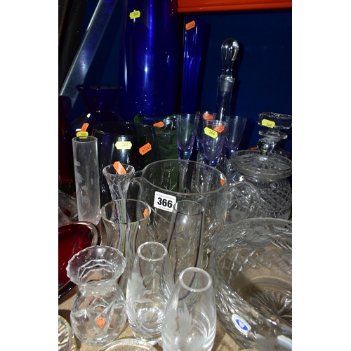 366 - A GROUP OF CLEAR AND COLOURED GLASSWARE, including a 'Marquis by Waterford' vase, Made in Germany, h... 