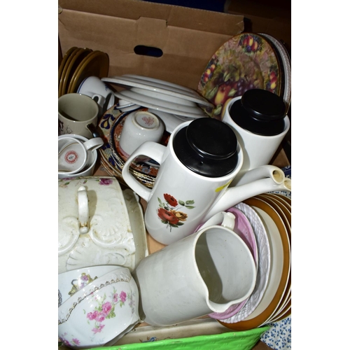 367 - FIVE BOXES OF ASSORTED CERAMICS AND GLASSWARE, including tea wares by Tuscan China, Pendant and Roya... 