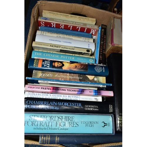 368 - THREE BOXES OF ANTIQUES REFERENCE BOOKS AND OLD AUCTION CATALOGUES FOR SOTHEBYS, CHRISTIES, ETC, app... 