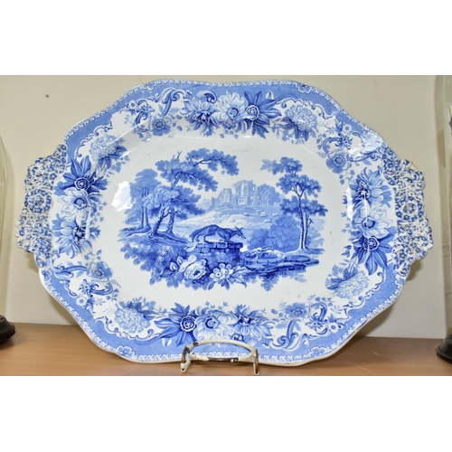 372 - A 19TH CENTURY SPODE BLUE AND WHITE 'AESOPS FABLES THE FOX AND THE GOAT' TWIN HANDLED PLATTER, shape... 