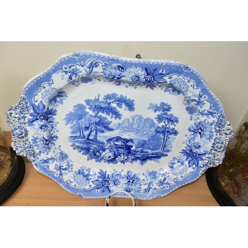 372 - A 19TH CENTURY SPODE BLUE AND WHITE 'AESOPS FABLES THE FOX AND THE GOAT' TWIN HANDLED PLATTER, shape... 