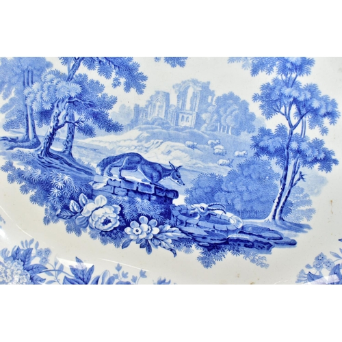 372 - A 19TH CENTURY SPODE BLUE AND WHITE 'AESOPS FABLES THE FOX AND THE GOAT' TWIN HANDLED PLATTER, shape... 