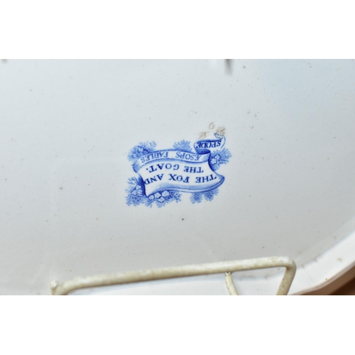 372 - A 19TH CENTURY SPODE BLUE AND WHITE 'AESOPS FABLES THE FOX AND THE GOAT' TWIN HANDLED PLATTER, shape... 