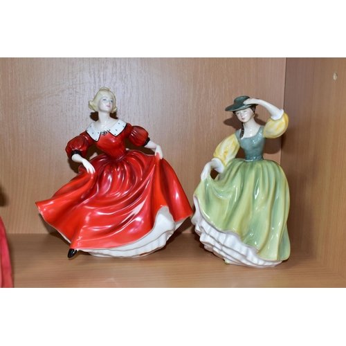 374 - A COALPORT LADIES OF FASHION 'PEGGY' AND FOUR ROYAL DOULTON LADY FIGURES, comprising 'Ninette' HN237... 