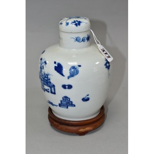 377 - A CHINESE BLUE AND WHITE JAR AND COVER WITH WOODEN STAND, the jar and cover decorated with vases of ... 