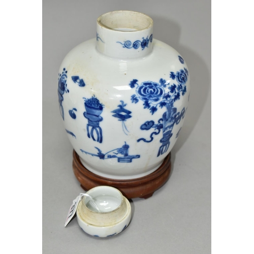 377 - A CHINESE BLUE AND WHITE JAR AND COVER WITH WOODEN STAND, the jar and cover decorated with vases of ... 