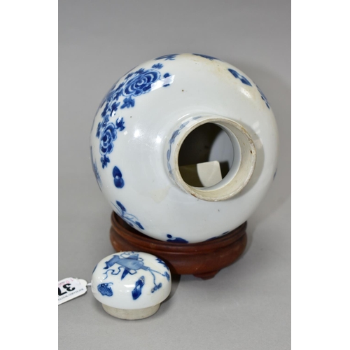 377 - A CHINESE BLUE AND WHITE JAR AND COVER WITH WOODEN STAND, the jar and cover decorated with vases of ... 