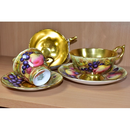 379 - TWO AYNSLEY FRUIT DECORATED TEA CUPS AND SAUCERS SIGNED D.JONES AND A COFFEE CUP AND SAUCER SIGNED N... 