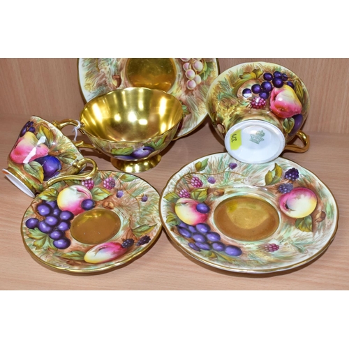 379 - TWO AYNSLEY FRUIT DECORATED TEA CUPS AND SAUCERS SIGNED D.JONES AND A COFFEE CUP AND SAUCER SIGNED N... 