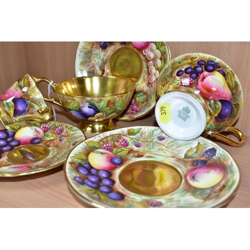 379 - TWO AYNSLEY FRUIT DECORATED TEA CUPS AND SAUCERS SIGNED D.JONES AND A COFFEE CUP AND SAUCER SIGNED N... 