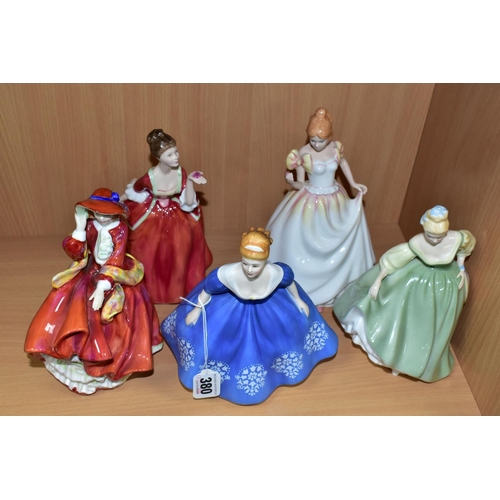 380 - FIVE ROYAL DOULTON LADY FIGURES, comprising 'Nina' HN2347, 'Flower of Love' HN3970, 'Top O' The Hill... 