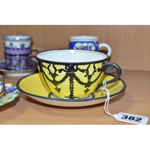 382 - AN EARLY 20TH CENTURY AYNSLEY YELLOW TEA CUP AND SAUCER WITH WHITE METAL OVERLAY AND SEVEN AYNSLEY C... 