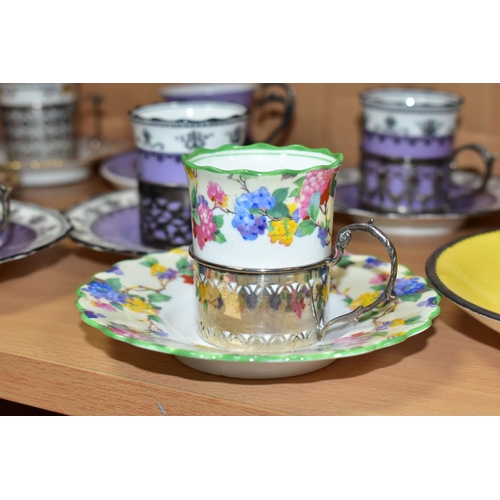 382 - AN EARLY 20TH CENTURY AYNSLEY YELLOW TEA CUP AND SAUCER WITH WHITE METAL OVERLAY AND SEVEN AYNSLEY C... 