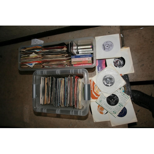 1007 - TWO TRAYS CONTAINING APPROX TWO HUNDRED 7in SINGLES AND CASSETTE TAPES artists include The Beatles, ... 