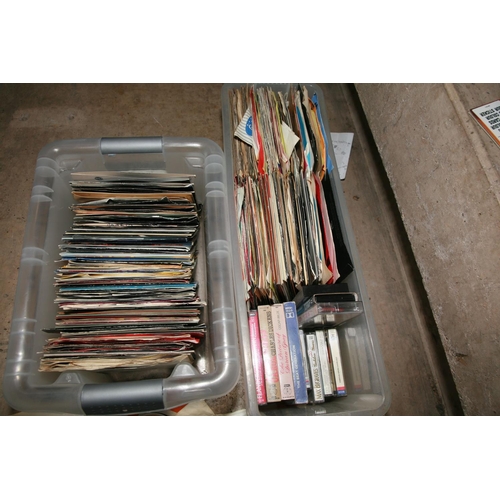 1007 - TWO TRAYS CONTAINING APPROX TWO HUNDRED 7in SINGLES AND CASSETTE TAPES artists include The Beatles, ... 