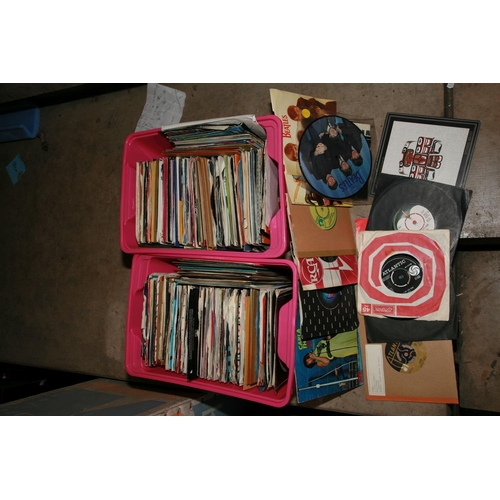 1008 - TWO TRAYS CONTAINING OVER THREE HUNDRED 7in SINGLES including The Beatles, Sonny and Cher, George Ha... 