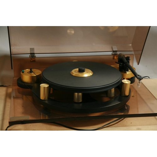 907 - A J.A.MICHELL GYRO DEC TURNTABLE with a smoked plexi glass plinth and cover, counter weighted table,... 