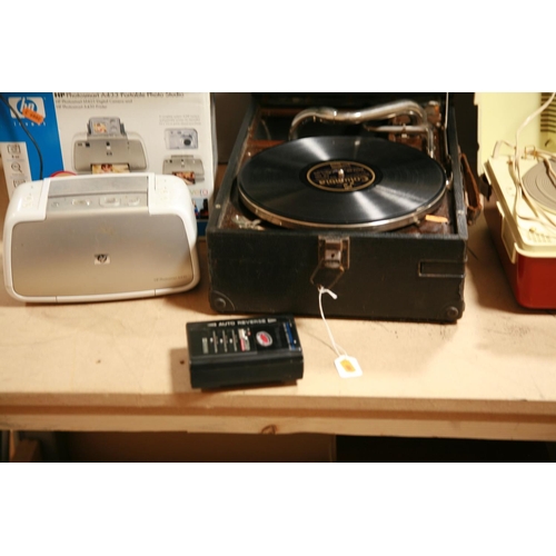 929 - A HMV TABLE TOP WIND UP GRAMAPHONE  with black covering, a Philips record player with red and cream ... 