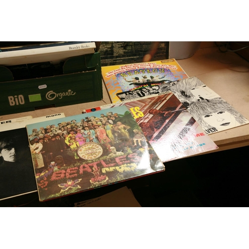 934 - A TRAY CONTAINING LPs AND BOOKS OF AND BY THE BEATLES including Help ( 1st pressing), With The Beatl... 