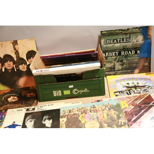 934 - A TRAY CONTAINING LPs AND BOOKS OF AND BY THE BEATLES including Help ( 1st pressing), With The Beatl... 