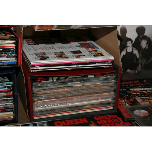 956 - THREE RECORD CASES AND BOX CONTAINING OVER ONE HUNDRED AND TEN LPs including The River by Springstee... 