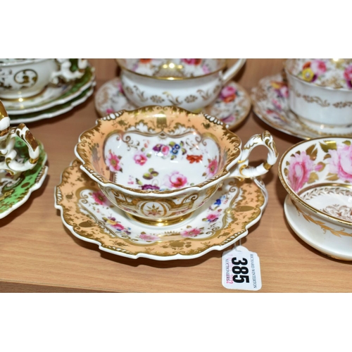 385 - A COLLECTION OF ASSORTED 19TH CENTURY BRITISH PORCELAIN HAND PAINTED TEA WARES, including an apricot... 