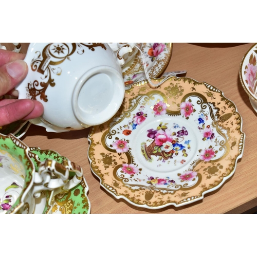 385 - A COLLECTION OF ASSORTED 19TH CENTURY BRITISH PORCELAIN HAND PAINTED TEA WARES, including an apricot... 