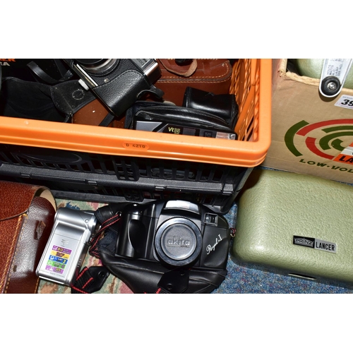 390 - FOUR BOXES OF VINTAGE AND DIGITAL CAMERAS, to include a Prinz Lancer 8mm projector, a Prinz Cavalier... 