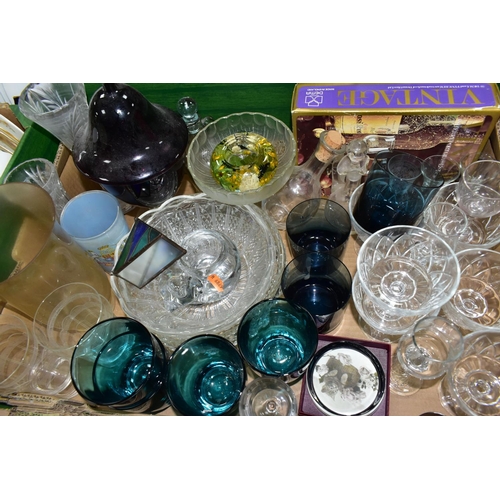 392 - SIX BOXES OF CERAMICS AND GLASSWARE, to include two Sylvac green 'Cross stich' pattern vases, back s... 