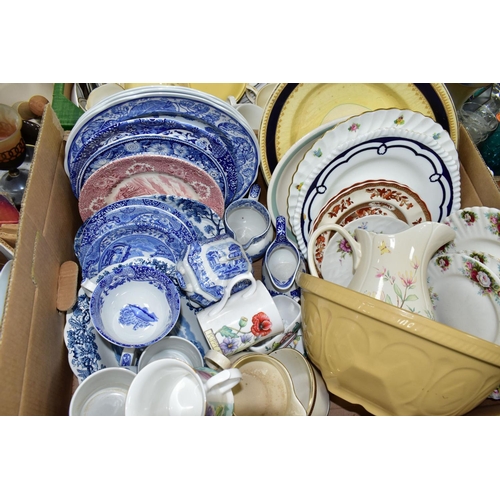 392 - SIX BOXES OF CERAMICS AND GLASSWARE, to include two Sylvac green 'Cross stich' pattern vases, back s... 