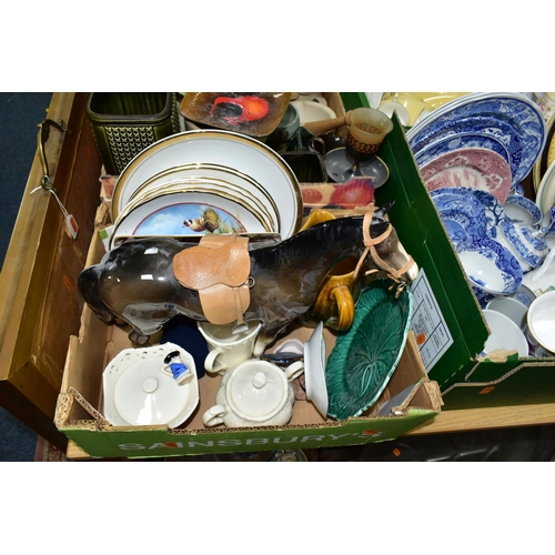 392 - SIX BOXES OF CERAMICS AND GLASSWARE, to include two Sylvac green 'Cross stich' pattern vases, back s... 