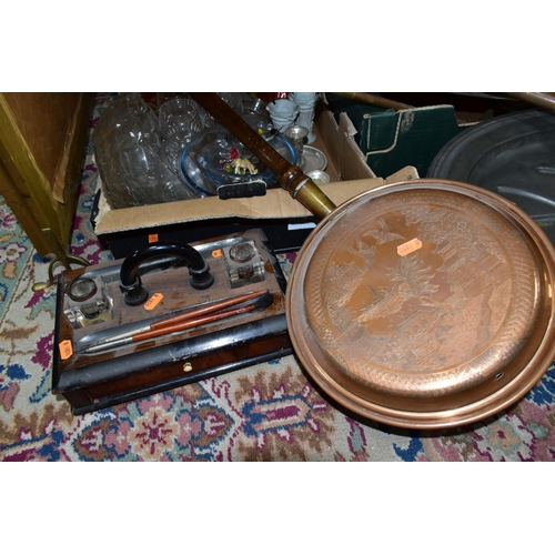 394 - TWO BOXES OF METALWARE, COPPER AND GLASSWARE, to include an early Victorian pewter warming meat dish... 