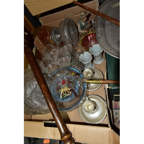 394 - TWO BOXES OF METALWARE, COPPER AND GLASSWARE, to include an early Victorian pewter warming meat dish... 