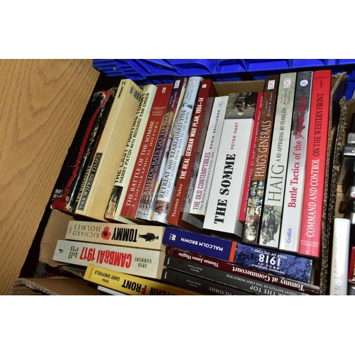 398 - BOOKS, eight boxes containing a large collection of books, magazines and DVD's mostly relating to th... 