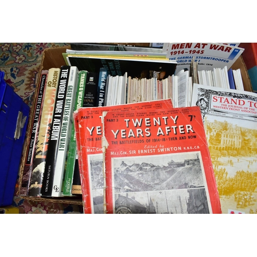 398 - BOOKS, eight boxes containing a large collection of books, magazines and DVD's mostly relating to th... 