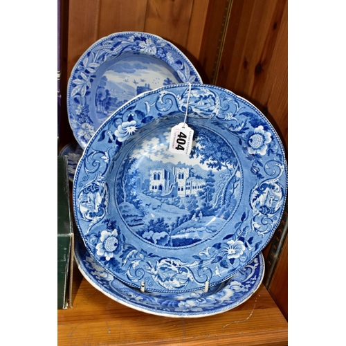 404 - FOUR PIECES OF NINETEENTH CENTURY BLUE AND WHITE CERAMICS, comprising a plate with a view of 'Tedesl... 