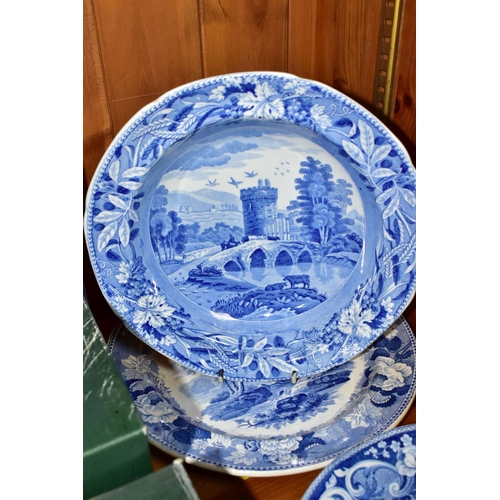 404 - FOUR PIECES OF NINETEENTH CENTURY BLUE AND WHITE CERAMICS, comprising a plate with a view of 'Tedesl... 