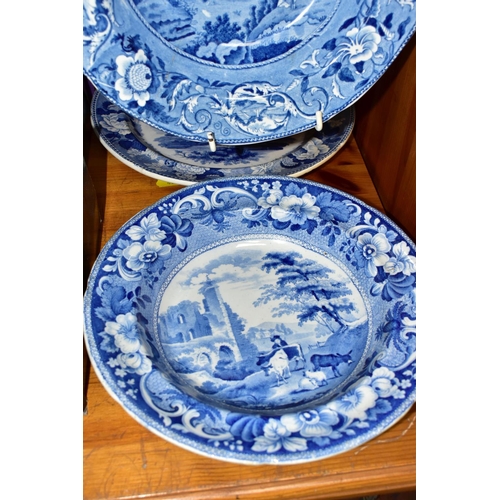 404 - FOUR PIECES OF NINETEENTH CENTURY BLUE AND WHITE CERAMICS, comprising a plate with a view of 'Tedesl... 