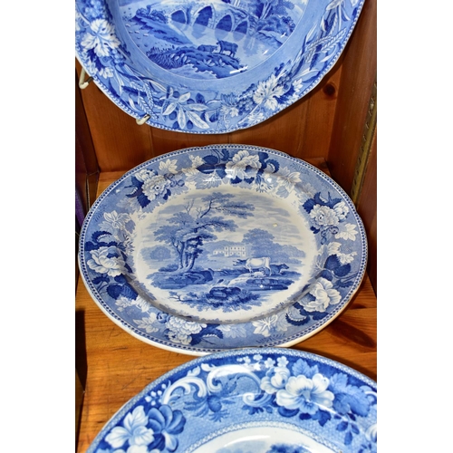 404 - FOUR PIECES OF NINETEENTH CENTURY BLUE AND WHITE CERAMICS, comprising a plate with a view of 'Tedesl... 