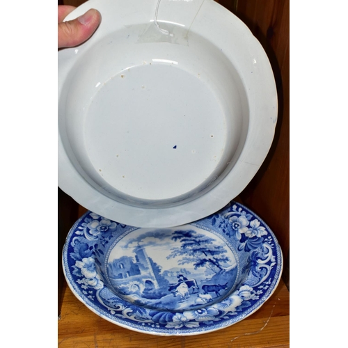 404 - FOUR PIECES OF NINETEENTH CENTURY BLUE AND WHITE CERAMICS, comprising a plate with a view of 'Tedesl... 