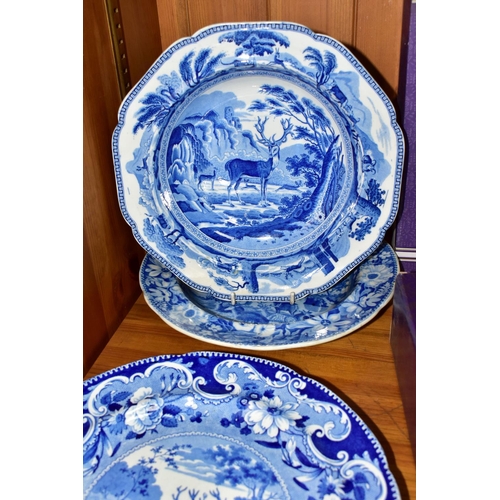 406 - FOUR NINETEENTH CENTURY BLUE AND WHITE PLATES PRINTED WITH DEER, one with impressed 'Enoch Wood & So... 