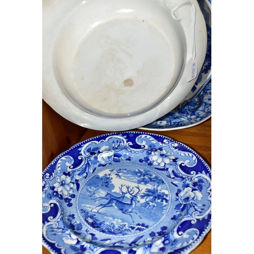 406 - FOUR NINETEENTH CENTURY BLUE AND WHITE PLATES PRINTED WITH DEER, one with impressed 'Enoch Wood & So... 