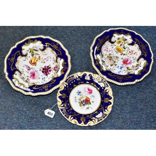 408 - TWO HANDPAINTED SOUP BOWLS AND A PLATE, painted with flowers within a cobalt blue border with gilt f... 