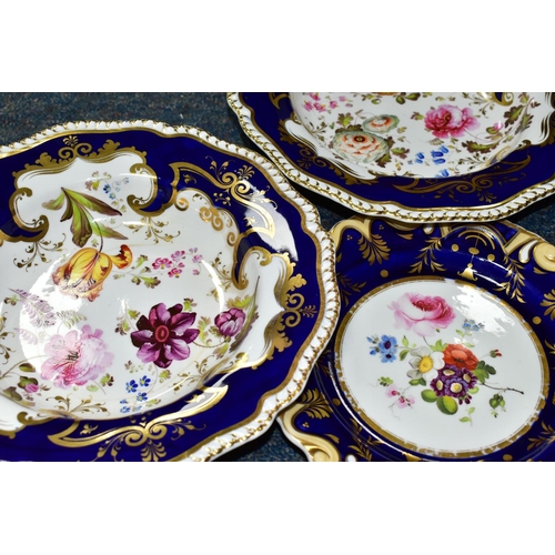 408 - TWO HANDPAINTED SOUP BOWLS AND A PLATE, painted with flowers within a cobalt blue border with gilt f... 