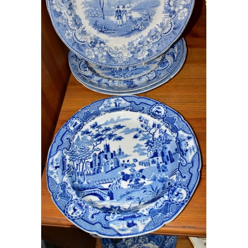 411 - FIVE NINETEENTH CENTURY BLUE AND WHITE PLATES, comprising a Chetham & Robinson, Longton 'Terni' seri... 