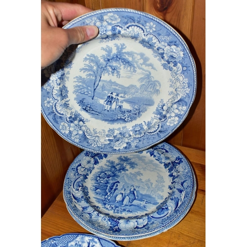 411 - FIVE NINETEENTH CENTURY BLUE AND WHITE PLATES, comprising a Chetham & Robinson, Longton 'Terni' seri... 