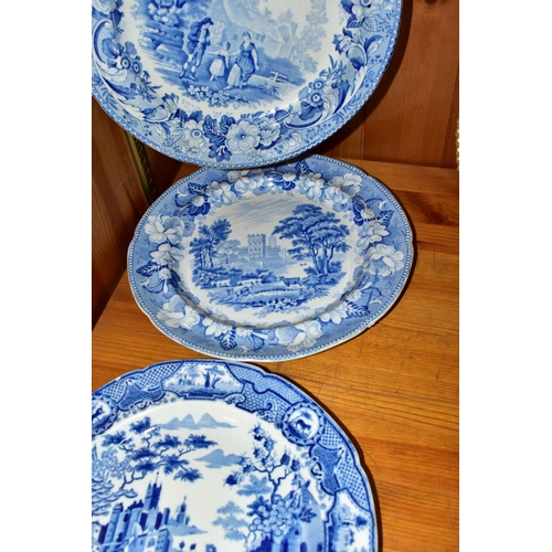 411 - FIVE NINETEENTH CENTURY BLUE AND WHITE PLATES, comprising a Chetham & Robinson, Longton 'Terni' seri... 