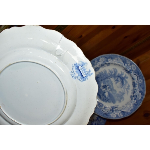 411 - FIVE NINETEENTH CENTURY BLUE AND WHITE PLATES, comprising a Chetham & Robinson, Longton 'Terni' seri... 